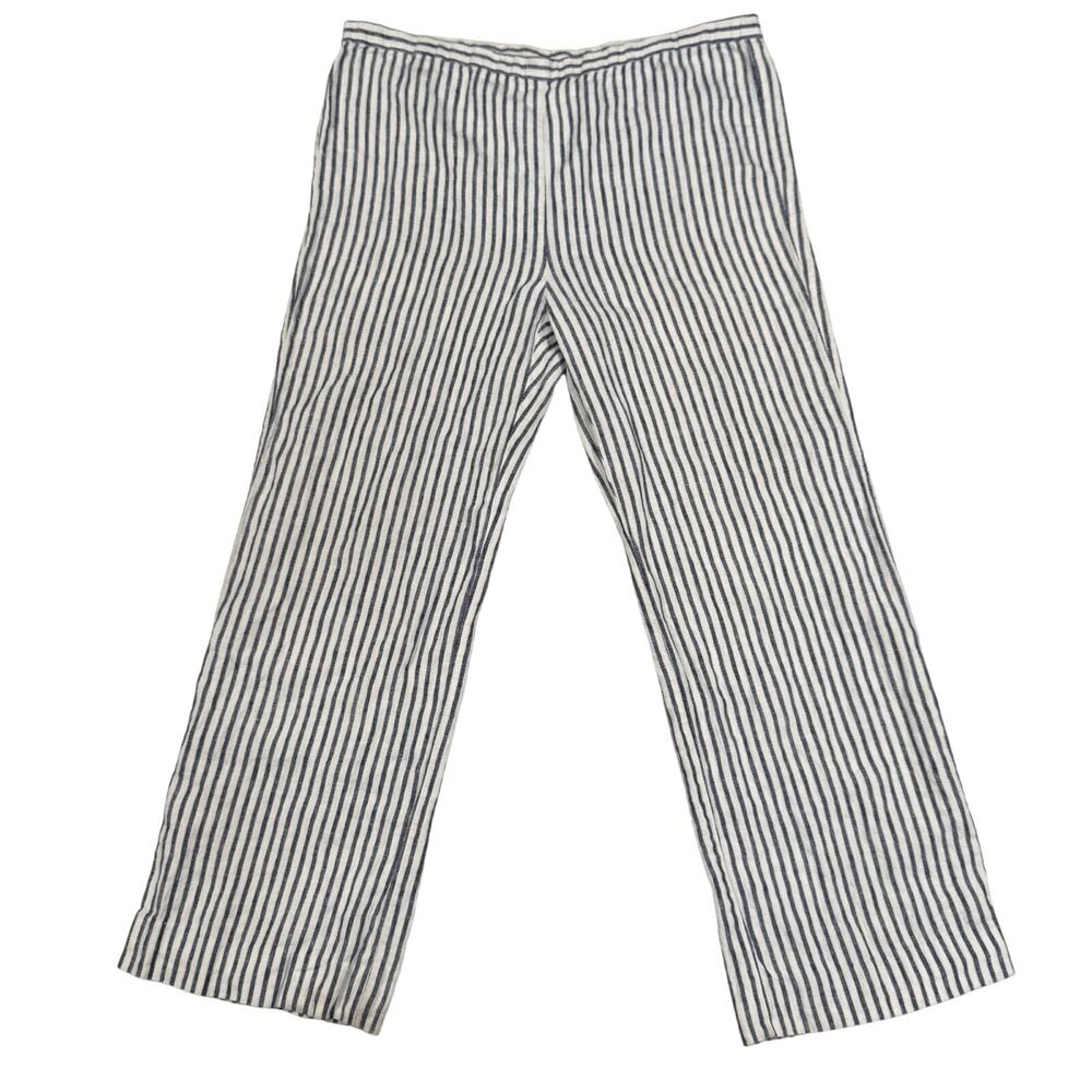Chico's 100% Linen Navy White Stripe Straight Leg Crop Pants Summer Coastal